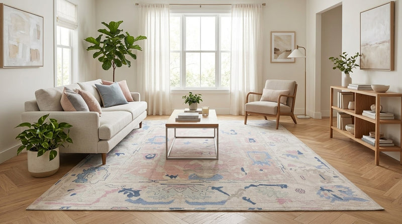 8' x 10' Rectangular Blush Pink Light Blue Distressed Floral Traditional Washable Area Rug styled in a living room with a beige sofa, pastel accent pillows, wooden coffee table, and cream upholstered armchair.
