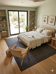 8' x 10' Rectangular Charcoal Gray Minimalist Textured Modern Washable Area Rug styled in a bedroom with a bed and neutral decor.