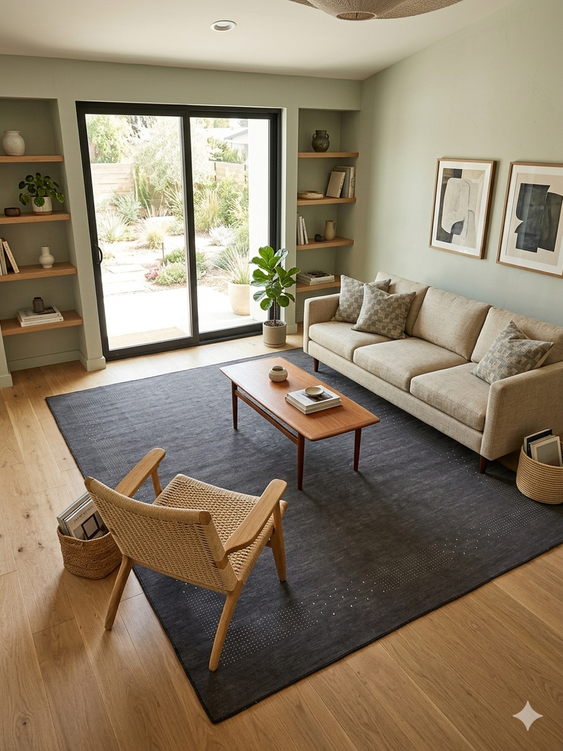 8' x 10' Rectangular Charcoal Gray Minimalist Textured Modern Washable Area Rug styled in a living room with a sofa, accent chair, and coffee table.