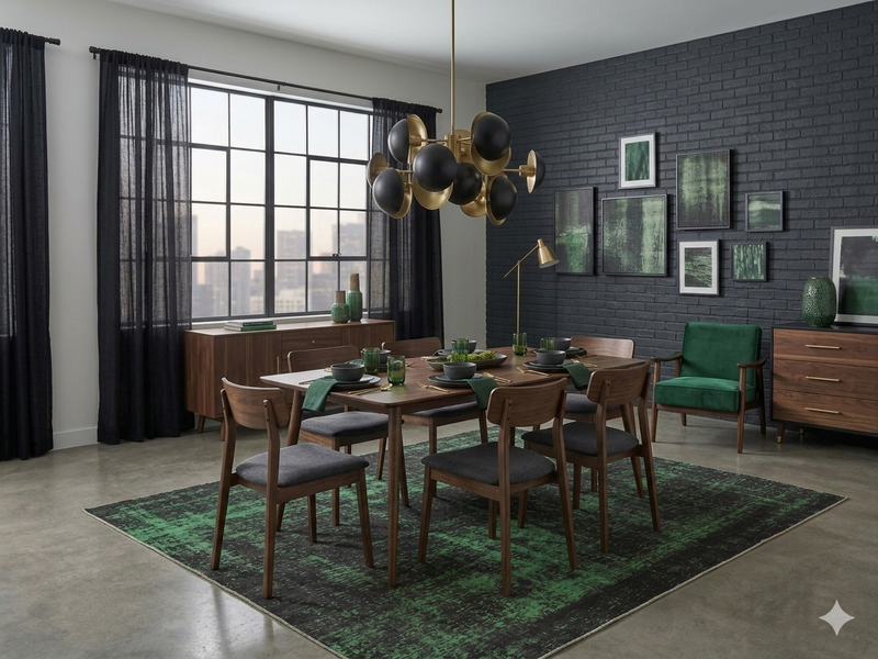 8' x 10' Rectangular Charcoal Green Distressed Abstract Modern Washable Area Rug placed in a contemporary dining room with a wooden dining table, gray upholstered chairs, green accent chair, and black and gold chandelier.