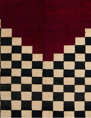 8' x 10' Rectangular Dark Almond Brown, Black & Red Geometric Checkerboard Abstract Modern Area Rug close-up showing pattern texture detail.