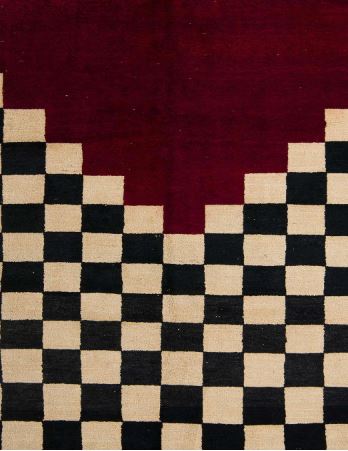 8' x 10' Rectangular Dark Almond Brown, Black & Red Geometric Checkerboard Abstract Modern Area Rug close-up showing pattern texture detail.