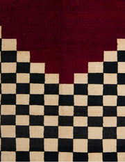 8' x 10' Rectangular Dark Almond Brown, Black & Red Geometric Checkerboard Abstract Modern Area Rug isolated on a white background.