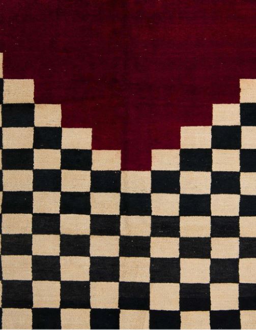 8' x 10' Rectangular Dark Almond Brown, Black & Red Geometric Checkerboard Abstract Modern Area Rug isolated on a white background.
