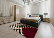 8' x 10' Rectangular Dark Almond Brown, Black & Red Geometric Checkerboard Abstract Modern Area Rug styled in a contemporary bedroom.
