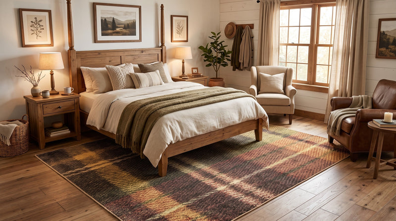 8' x 10' Rectangular Dark Brown Rust Gold Plaid Checkered Modern Area Rug placed in a rustic farmhouse bedroom with a wooden bed frame, cream bedding, wooden nightstands, and brown leather armchair.