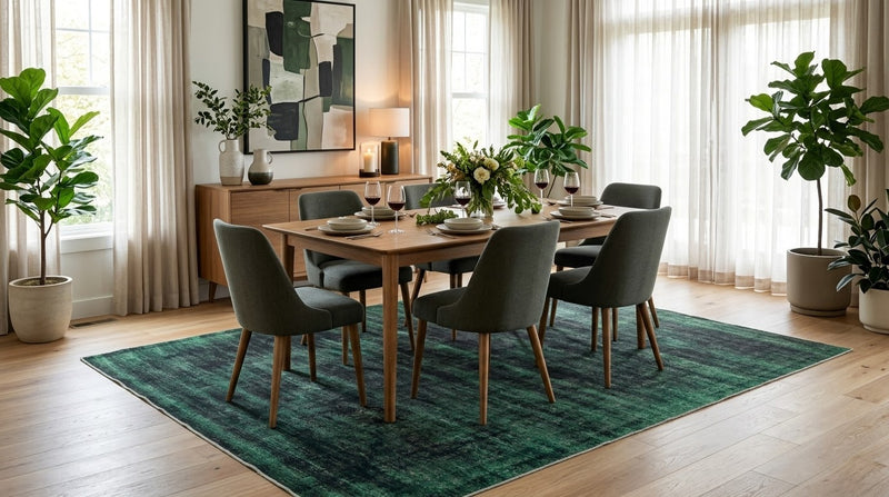 8' x 10' Rectangular Emerald Green Charcoal Distressed Abstract Modern Washable Area Rug styled in a dining room with a wooden table and green upholstered chairs.