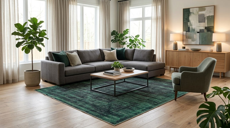 8' x 10' Rectangular Emerald Green Charcoal Distressed Abstract Modern Washable Area Rug styled in a living room with a gray sectional sofa and wooden coffee table.