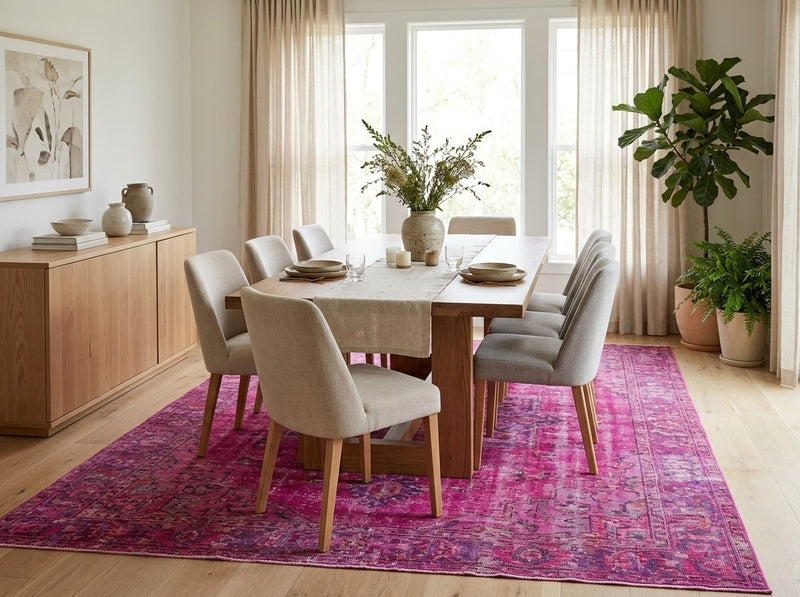8' x 10' Rectangular Fuchsia Pink Lavender Distressed Floral Medallion Vintage Washable Area Rug styled in a dining room with a wooden table and beige upholstered chairs.