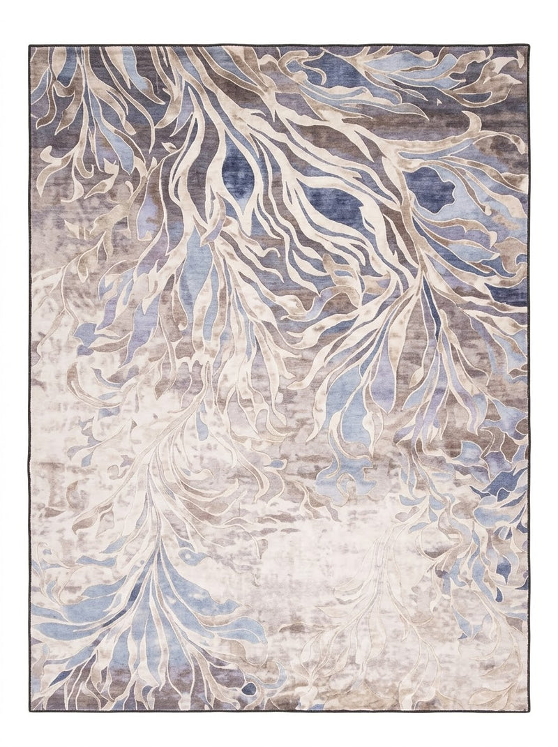 8' x 10' Rectangular Ivory & Blue Gray Floral Botanical Modern Washable Area Rug featuring flowing leafy branches, abstract floral patterns, and soft neutral tones displayed on a white background.