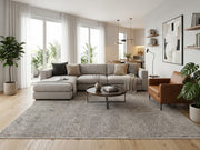 8' x 10' Rectangular Ivory Charcoal Geometric Starburst Modern Washable Area Rug styled in a living room with a light gray sectional sofa, round wooden coffee table, brown leather armchair, and indoor plants.