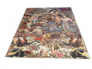 8' x 10' Rectangular Ivory Multicolor Pictorial Traditional Area Rug displayed on a white background, showcasing intricate figures, animals, birds, floral motifs, and vibrant multicolor artwork.