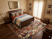 8' x 10' Rectangular Ivory Multicolor Pictorial Traditional Area Rug placed in a classic bedroom with a carved wooden bed frame, floral accent pillows, wooden nightstands, and warm neutral decor.