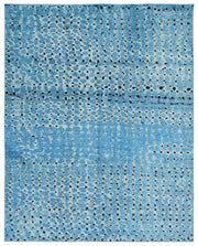 8' x 10' Rectangular Light Blue & Navy Blue Spotted Abstract Modern Washable Area Rug featuring scattered dark dots and a textured blue background, displayed in product view.