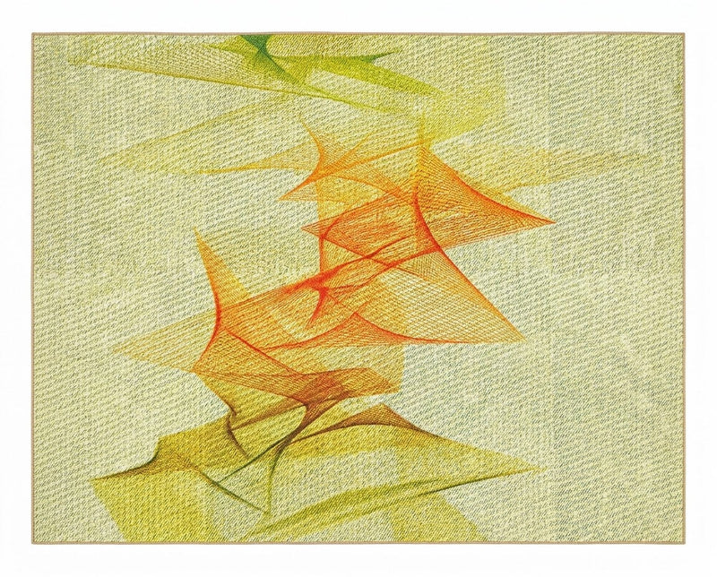8' x 10' Rectangular Light Green & Orange Abstract Linear Modern Washable Area Rug featuring overlapping flowing geometric lines in orange, yellow gold, and green, displayed in product view.