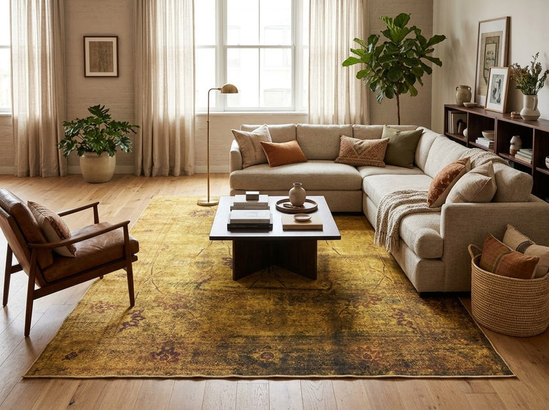 8' x 10' Rectangular Mustard Gold Brown Distressed Floral Vintage Traditional Area Rug styled in a living room with a beige sectional sofa and wooden coffee table.