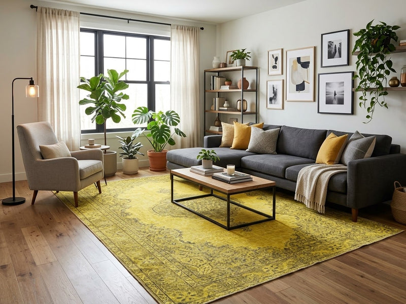 8' x 10' Rectangular Mustard Gold Gray Distressed Floral Medallion Traditional Washable Area Rug styled in a living room with a charcoal gray sofa, beige accent chair, and wooden coffee table.