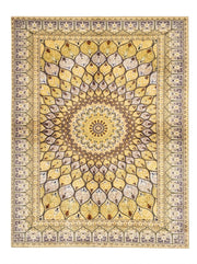 8' x 10' Rectangular Mustard Gold & Ivory Geometric Medallion Traditional Washable Area Rug featuring an intricate radial floral medallion, repeating ornamental motifs, and decorative borders, displayed in product view.