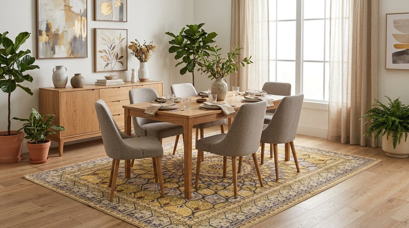 8' x 10' Rectangular Mustard Gold Ivory Geometric Medallion Traditional Washable Area Rug styled in a dining room with a wooden table and gray upholstered chairs.