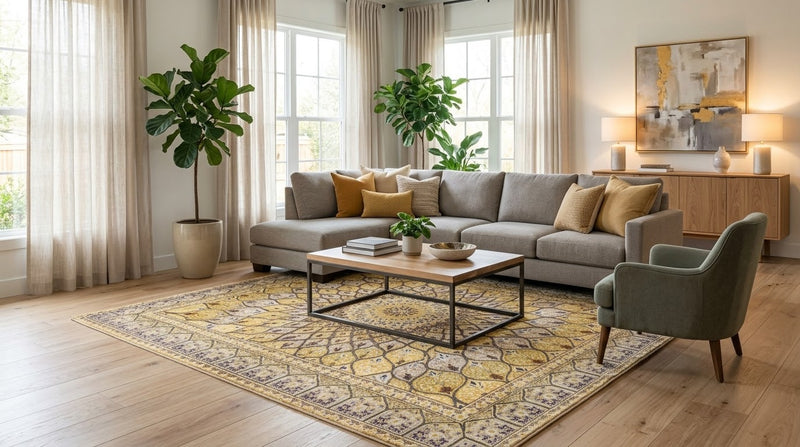 8' x 10' Rectangular Mustard Gold Ivory Geometric Medallion Traditional Washable Area Rug styled in a living room with a gray sectional sofa and wooden coffee table.