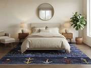 8' x 10' Rectangular Navy Blue Multicolor Tribal Geometric Southwestern Washable Area Rug placed in a bedroom with a beige upholstered bed and wooden nightstands.