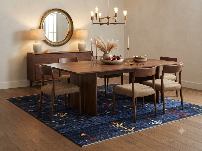 8' x 10' Rectangular Navy Blue Multicolor Tribal Geometric Southwestern Washable Area Rug styled in a dining room with a wooden table and upholstered chairs.
