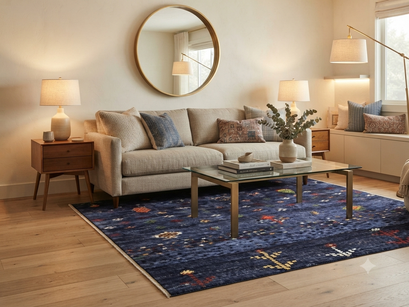 8' x 10' Rectangular Navy Blue Multicolor Tribal Geometric Southwestern Washable Area Rug styled in a living room with a beige sofa and glass coffee table.