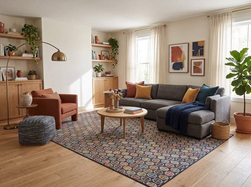8' x 10' Rectangular Navy & Multicolor Repeating Geometric Modern Area Rug styled in a living room with a gray sectional sofa and round wooden coffee table.