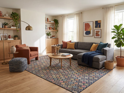 8' x 10' Rectangular Navy & Multicolor Repeating Geometric Modern Area Rug styled in a living room with a gray sectional sofa and round wooden coffee table.