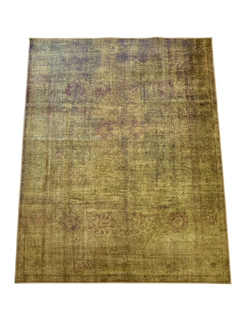 8' x 10' Rectangular Olive Gold & Purple Distressed Vintage Traditional Area Rug isolated on a white background.