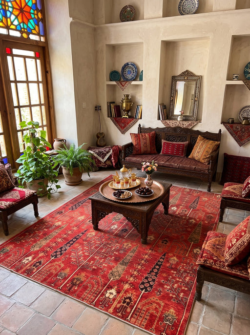 8' x 10' Rectangular Red & Gold Botanical Tree Motif Traditional Oriental Washable Area Rug styled in a living room with carved wooden seating and a coffee table.