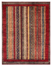 8' x 10' Rectangular Red & Multicolor Striped Geometric Tribal Traditional Washable Area Rug featuring vertical patterned stripes, zigzag motifs, and decorative red borders displayed on a white background.