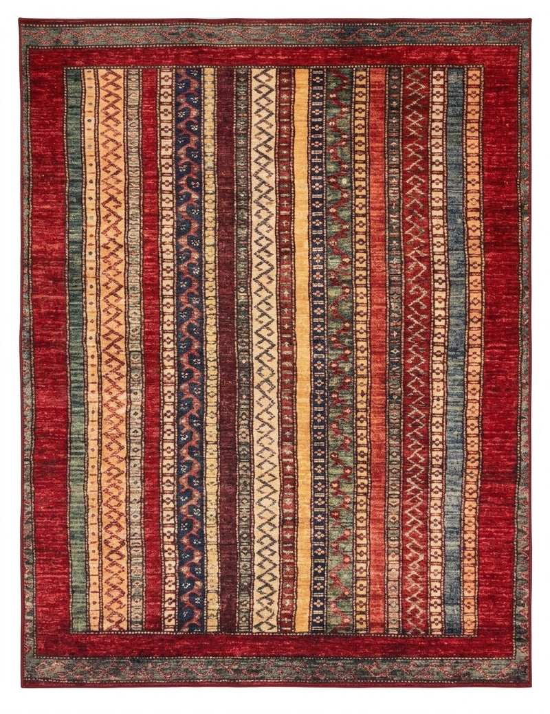 8' x 10' Rectangular Red & Multicolor Striped Geometric Tribal Traditional Washable Area Rug featuring vertical patterned stripes, zigzag motifs, and decorative red borders displayed on a white background.