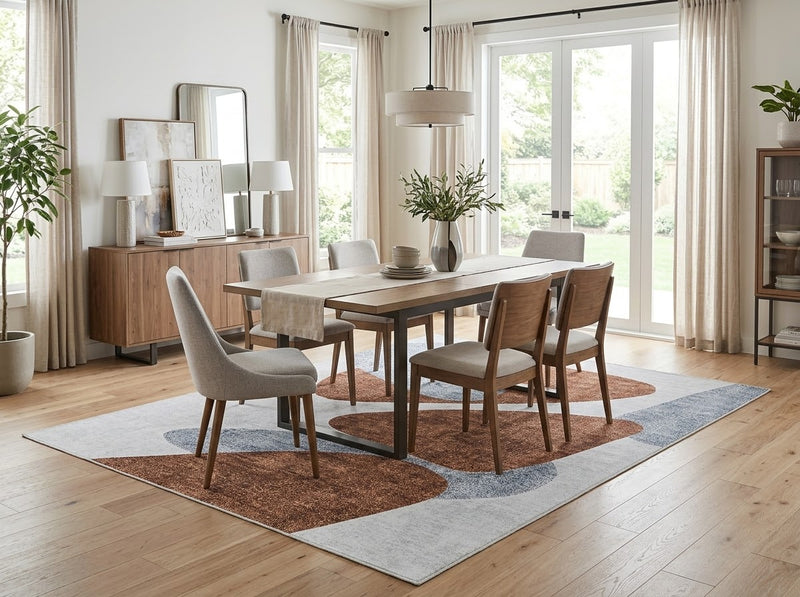 8' x 10' Rectangular Rust Brown Light Blue Abstract Geometric Mid-Century Modern Washable Area Rug styled in a dining room with a wooden table and upholstered chairs.