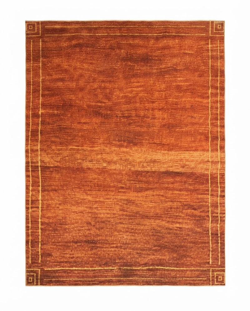 8' x 10' Rectangular Rust Orange & Gold Solid Textured Modern Washable Area Rug featuring subtle horizontal shading, thin gold border lines, and decorative geometric corner motifs displayed on a white background.