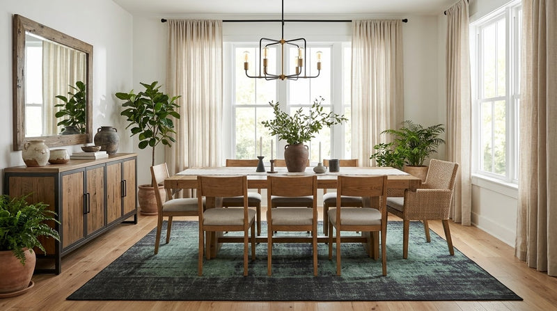8' x 10' Rectangular Sage Green Charcoal Distressed Abstract Modern Washable Area Rug styled in a modern farmhouse dining room with a wooden dining table, upholstered chairs, rustic wooden sideboard, and natural greenery.