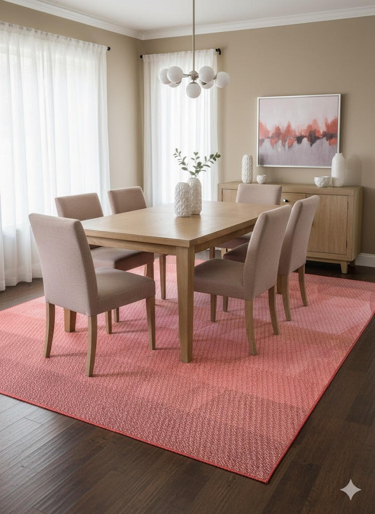 8' x 10' Rectangular Terracotta Pink & Brick Red Solid Textured Modern Area Rug styled in a bright dining room beneath a wood dining table and upholstered chairs.