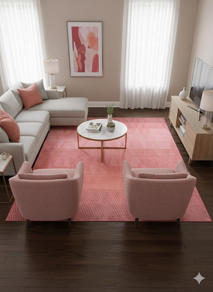 8' x 10' Rectangular Terracotta Pink & Brick Red Solid Textured Modern Area Rug styled in a contemporary living room with sofa, accent chairs, and round coffee table.