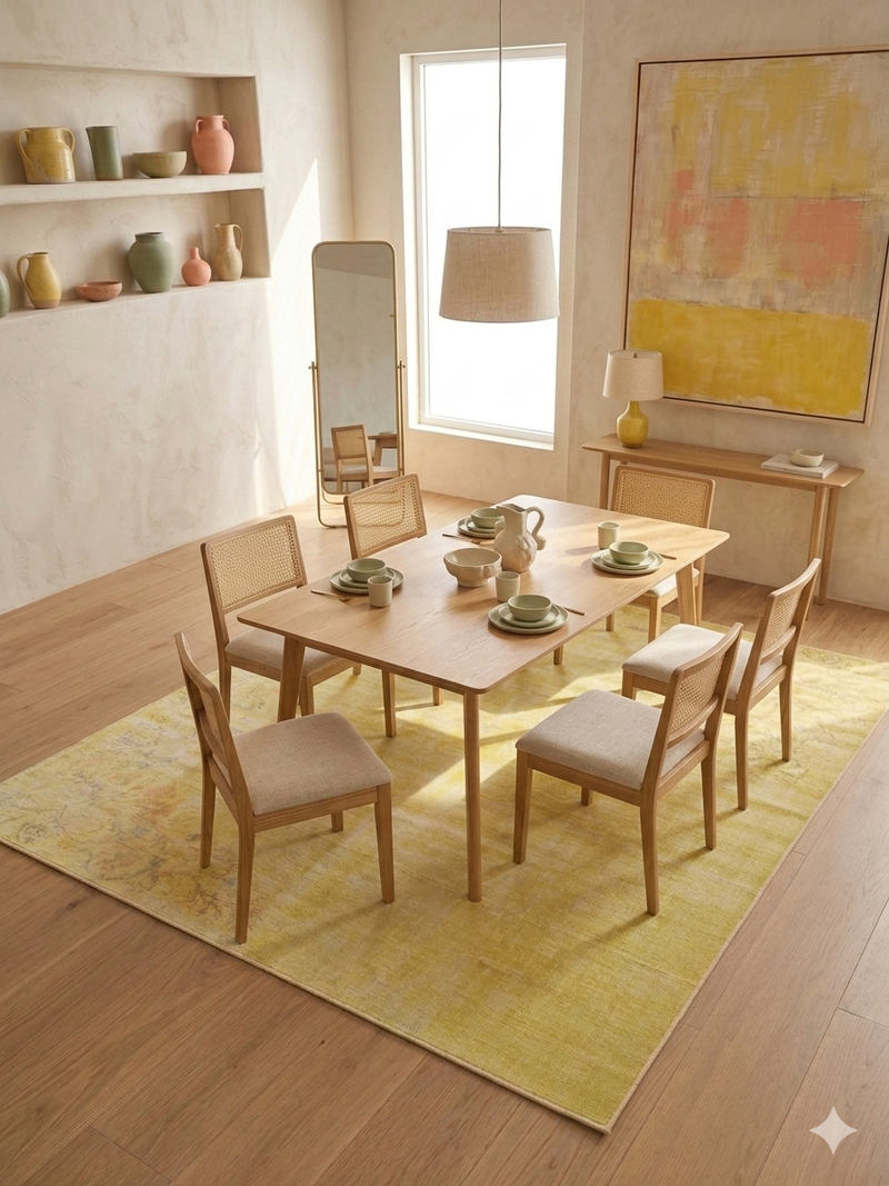 8' x 10' Rectangular Yellow Floral Distressed Traditional Area Rug featured in a bright dining room under a wooden dining table and chairs.