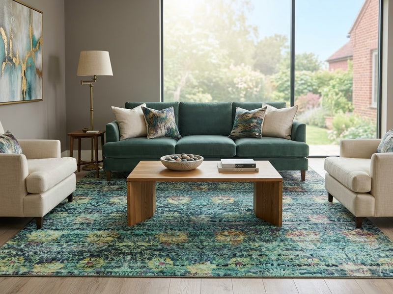 8' x 10' Teal Aqua Distressed Floral Traditional Area Rug styled in a living room with a teal sofa, cream accent chairs, and wooden coffee table.