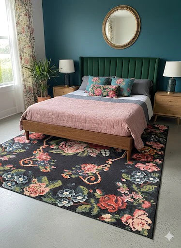 8' x 10' black floral traditional area rug placed under a bed with a green upholstered headboard and pink bedding in a stylish bedroom setting.