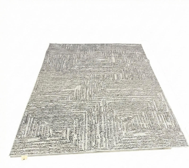 8' x 10' gray and ivory geometric area rug featuring a textured linear pattern with off-white accents for a modern contemporary look.