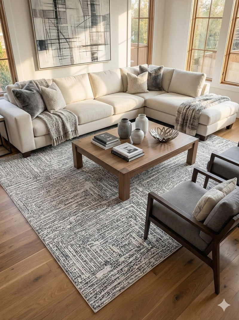 8' x 10' gray and ivory geometric contemporary area rug styled in a modern living room with a neutral sectional sofa, wood coffee table, and warm natural lighting.