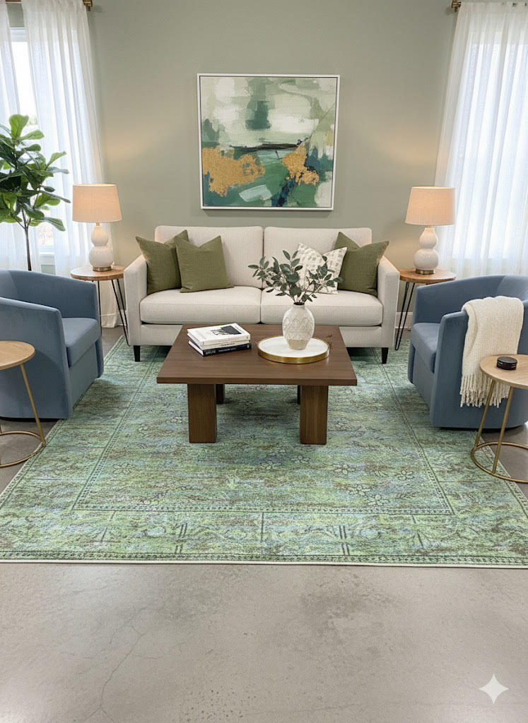 8' x 10' light olive green vintage botanical area rug styled in a bright living room with a neutral sofa, blue accent chairs, and modern décor.