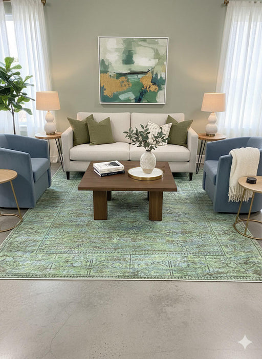 8' x 10' light olive green vintage botanical area rug styled in a bright living room with a neutral sofa, blue accent chairs, and modern décor.