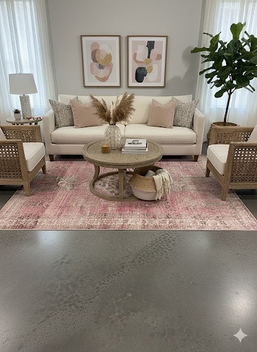 8' x 10' pink and ivory distressed medallion vintage area rug styled in a soft neutral living room with cream sofa, woven accent chairs, and light wood coffee table.