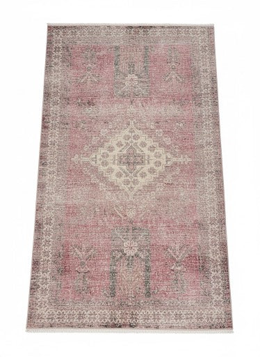 8' x 10' pink, ivory, taupe, and light gray vintage area rug featuring a distressed medallion pattern with ornate detailing and a soft faded finish.