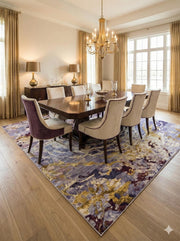 8' x 10' purple, gold, and ivory washable abstract floral area rug styled under a formal dining table with upholstered chairs and a gold chandelier.