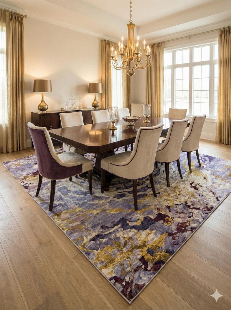 8' x 10' purple, gold, and ivory washable abstract floral area rug styled under a formal dining table with upholstered chairs and a gold chandelier.