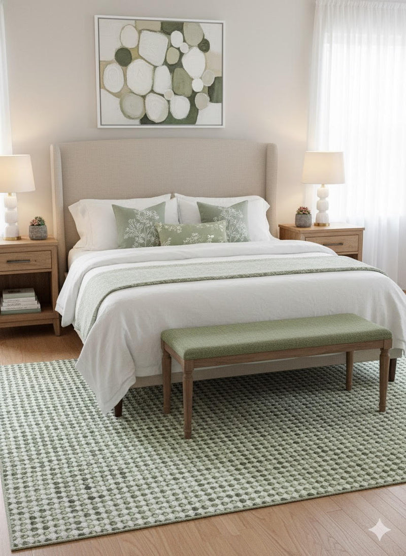 8' x 10' sage green and cream geometric washable area rug placed under a bed in a bright bedroom with neutral décor and soft green accents.